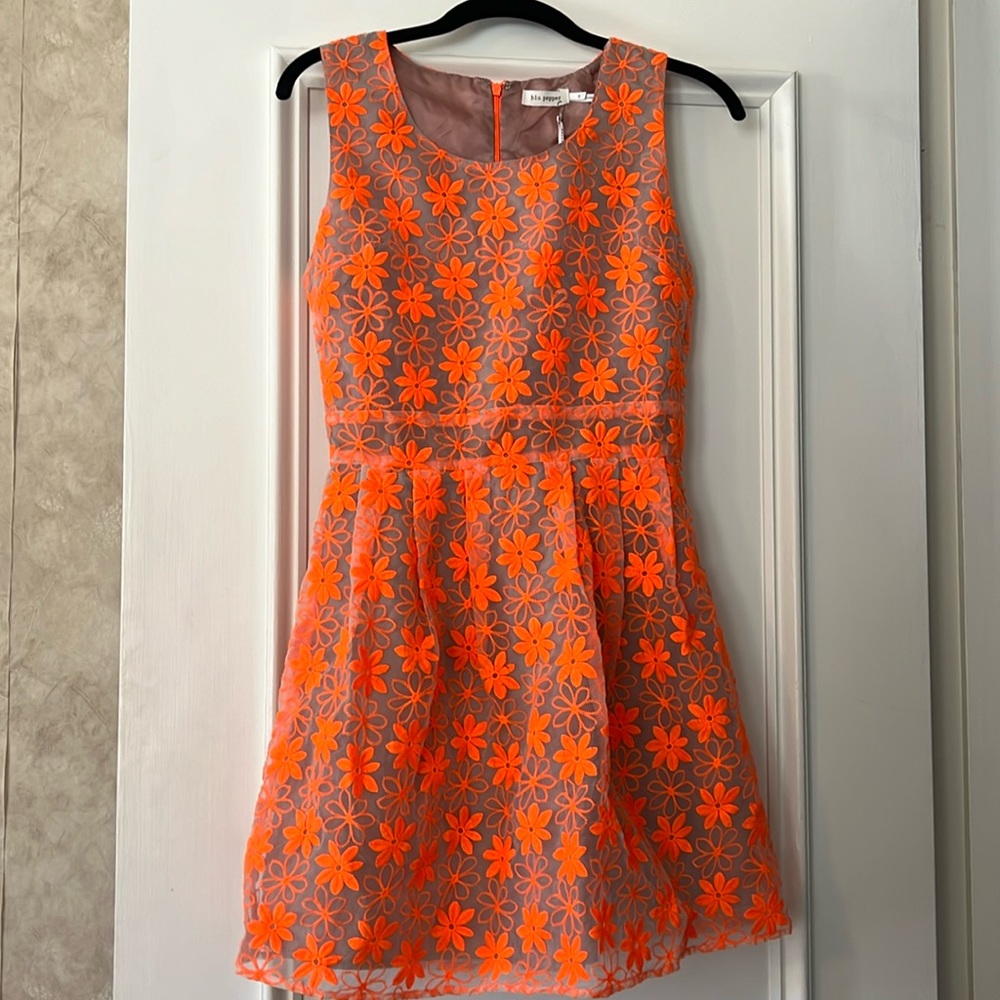 Blu Pepper Neon Orange Embroider Dress small